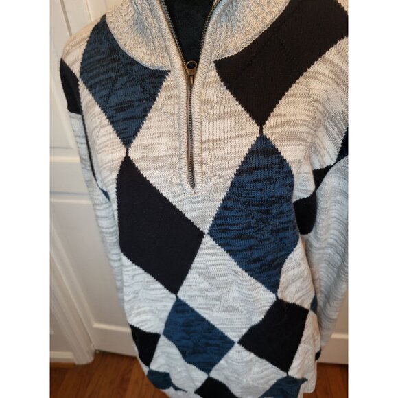 Men Gray/Teal Argyle 1/4 Zip Sweater Carbon L Preppy Retro Academia Church - Picture 6 of 8